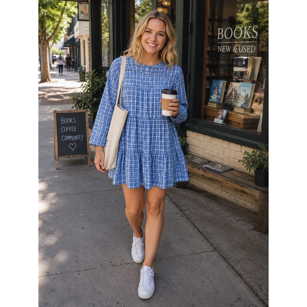 Ghospell Southern Hemisphere Plaid Babydoll Dress Blue Check Small